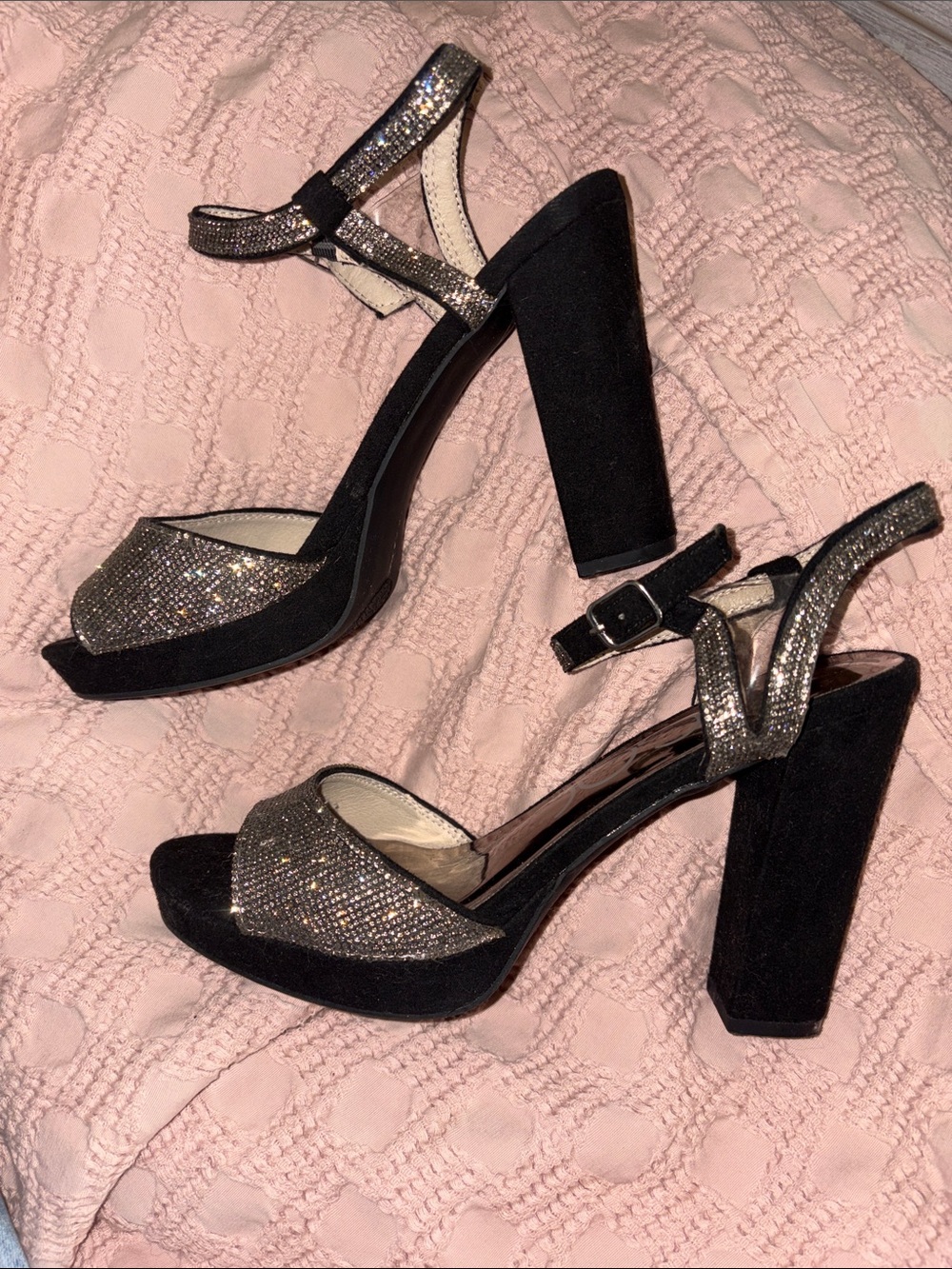 Sugar 7.5 Women’s Black Suede Block Heel Sandals with rhinestone Straps